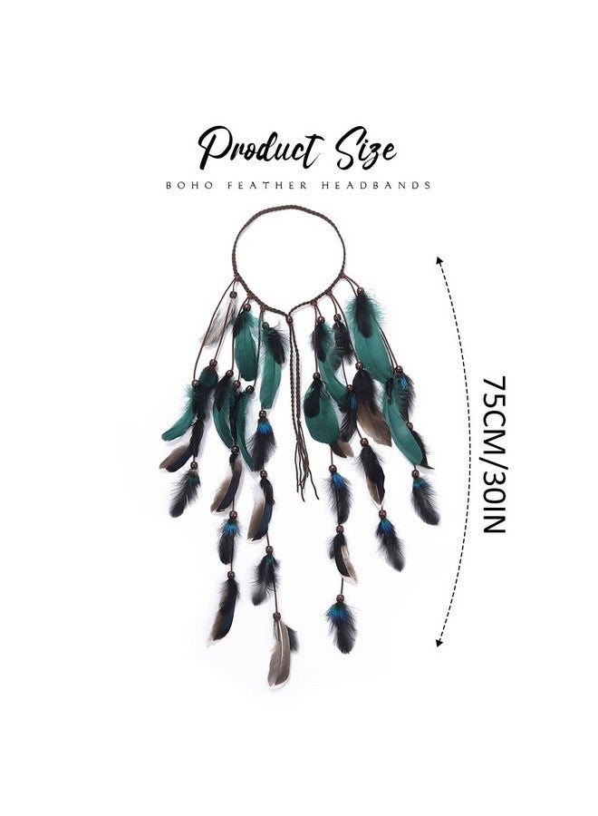 GORTIN Boho Feather Headband Gypsy Headpiece Headdress Bohemian Hippie Headbands Indian Festival Hair Band Adjust Long Feather Hair Accessories For Women And Girls (Black+Green) - Image 3