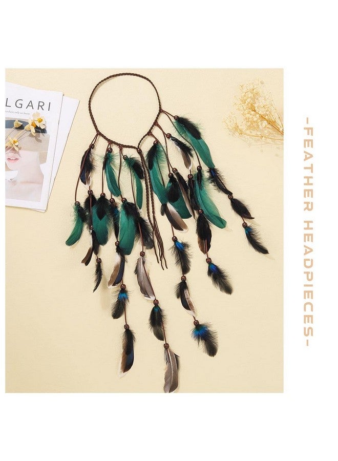 GORTIN Boho Feather Headband Gypsy Headpiece Headdress Bohemian Hippie Headbands Indian Festival Hair Band Adjust Long Feather Hair Accessories For Women And Girls (Black+Green) - Image 2