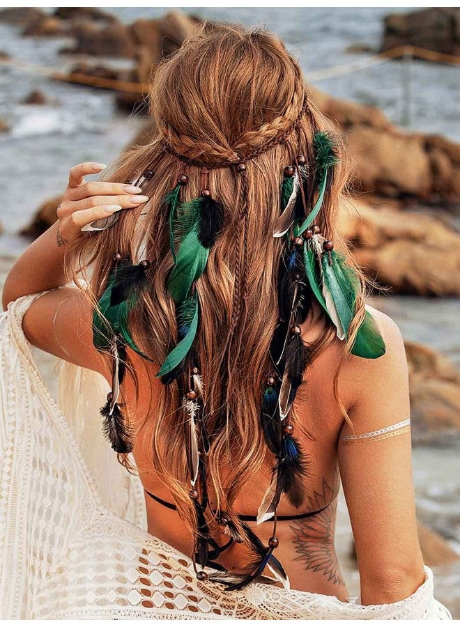 GORTIN Boho Feather Headband Gypsy Headpiece Headdress Bohemian Hippie Headbands Indian Festival Hair Band Adjust Long Feather Hair Accessories For Women And Girls (Black+Green) - Image 1