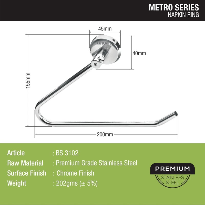 Lipka LIPKA Napkin Ring from Metro Series| Premium Stainless Steel Towel Ring for Washbasins| Hand Towel Hanger with Glossy Finish - Image 4