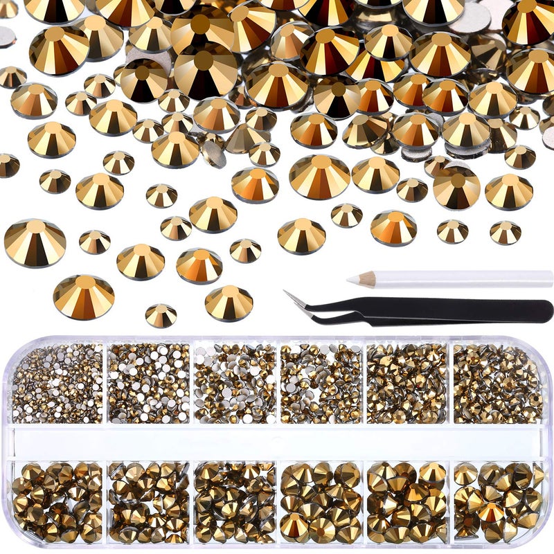 2000 Pieces Flat Back Gems Round Crystal Rhinestones 6 Sizes 156 mm with Pick Up Tweezer and Rhinestones Picking Pen for Crafts Nail Face Art Clothes Shoes Bags DIY Metallic Gold