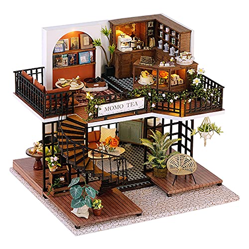 CUTEBEE Dollhouse Miniature with Furniture DIY Wooden Dollhouse Kit Plus Dust Proof Creative Room IdeaForest Tea Shop - Image 1