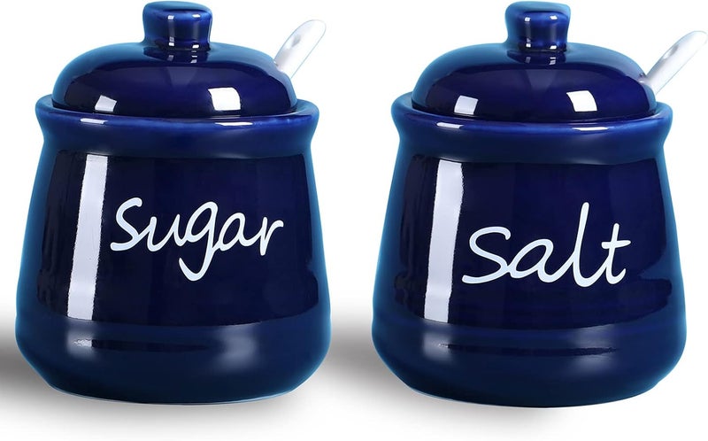 ONTUBE 12oz Sugar and Salt Bowls with Lid and Spoon, Ceramics Condiment Pots,Seasoning Jar Spice Container for Kitchen,Dishwasher Safe (Navy) - Image 1