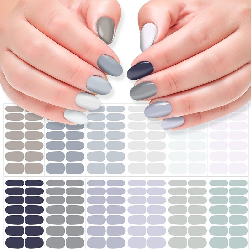 DANNEASY DANNEASY 12 Sheets Nail Stickers Full Nail Wraps Solid Color Nail Polish Stickers Fingernails Wraps for Women Self Adhesive Nail Polish Strips with Nail File, Cuticle Stick - Gray