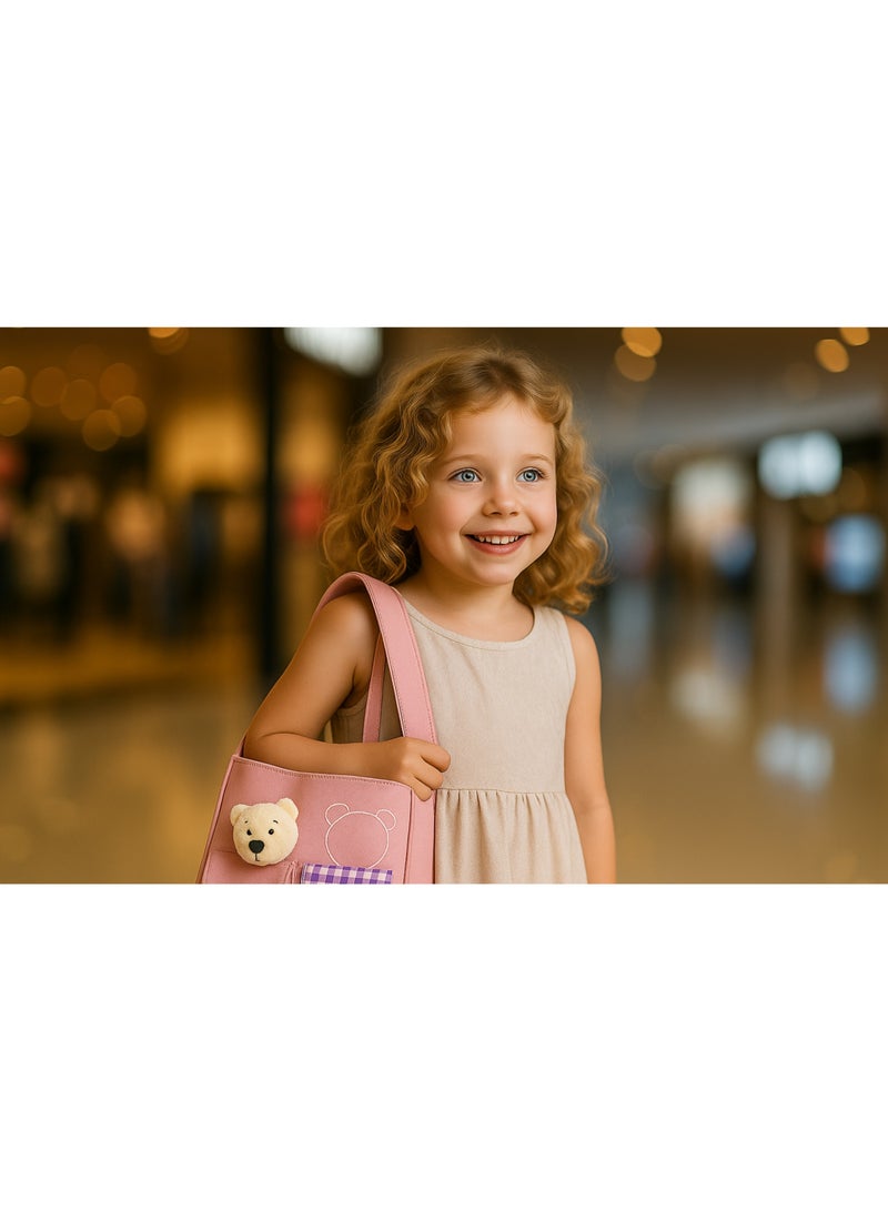 شنطة كتف حمل لطيفة من القماش و النايلون متعددة الاستخدامات مع سحاب لحفظ الاشياء داخل الحقيبة و جيبين خارجيين فيه نقش كاروهات و  دبدوب لطيف سعة كبيره يستخدمها الفتيات المراهقات او الامهات او الاطفال سهلة التنظيف تحفظ غيرات الاطفال او المقنيات الشخصية او العاب البحر او المكياج او العطور في السفر او الخروج اليومي ايضا مثاليه للهدايا لون وردي - Image 3