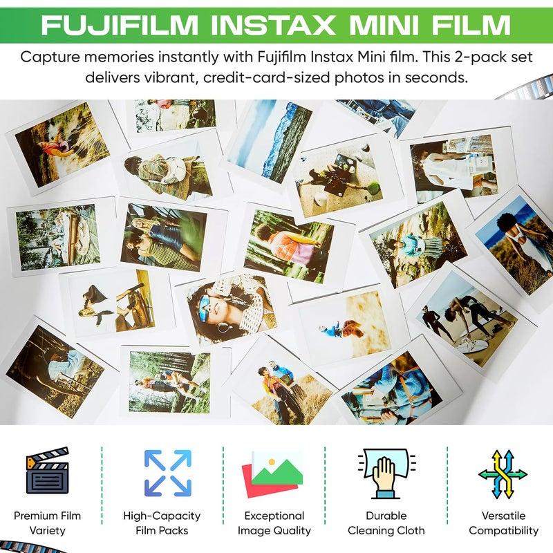 Fujifilm Instax Mini Film - Twin Pack 20 EXP Total, ISO 800, Compatible with Instax Mini Evo, 12, 11, 9 Models, Includes Balveli Premium Microfiber Cleaning Cloth - Image 2