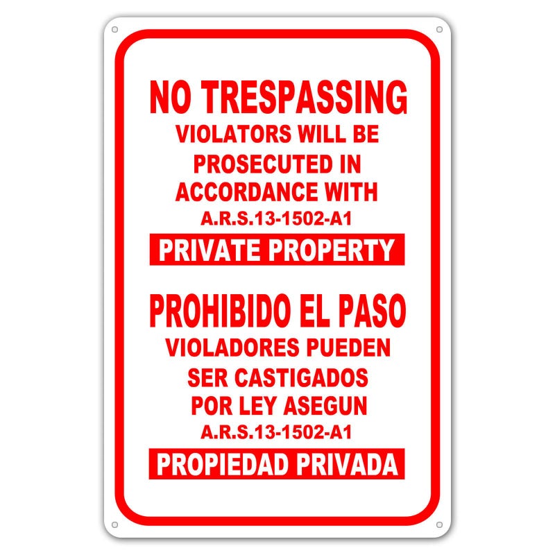 ZYPENG Tin Signs No Trespassing Violators Will Be Prosecuted in Accordance with ARS 131502A1 Private Property Warning Street Sign Metal 8 x 12 inches
