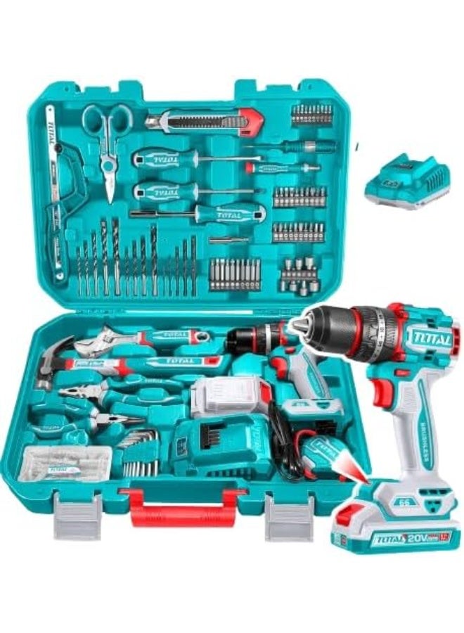 توتال مثقاب مطرقي لاسلكي 20 فولت مع بطارية وشاحن- مجموعة كاملة لإصلاح المنزل بنفسك مع مفكات براغي ومفاتيح عدة وكماشة ولقم مثقاب وغيرها من سوبر توتال- THKTHP11652- مجموعة من 165 قطعة - Image 2