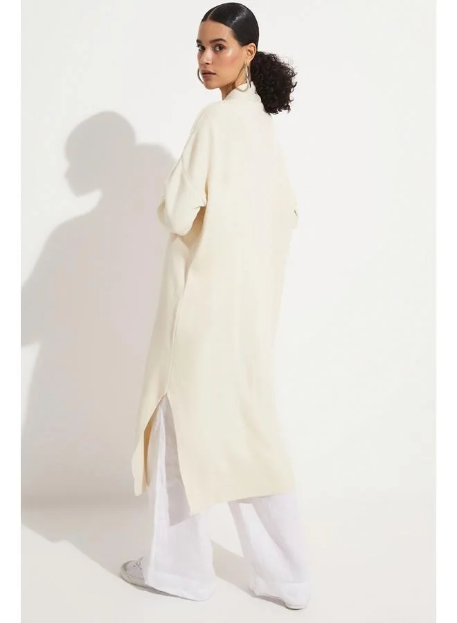 جون June Exclusive Long Knitwear Cardigan Ecru