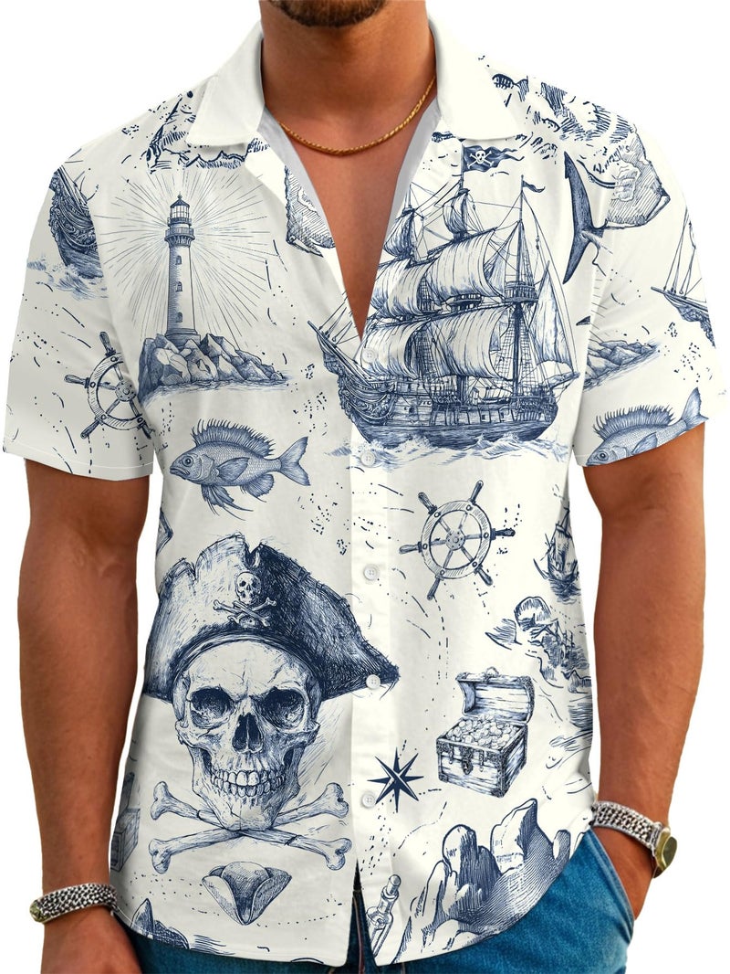 DFZ Men's Pirate Button Down Shirt Nautical Cruise Hawaiian Short Sleeve Shirt Pirate Night Outfits for Tropical Beach Party Blue - Image 1