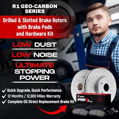 R1 Concepts Front Brake Kit For 2013-2015 Acura ILX, 2012-2015 Honda Civic| Drilled Slotted Brake Rotors| Optimum OEP Brake Pads and Rotors Kit| Hardware included - Image 2