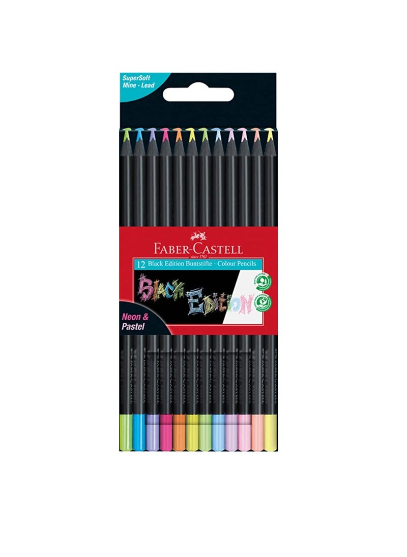 FABER-CASTELL - Faber-Castell Black Edition Colour Pencils 12 colours Neon + Pastel,Supersoft lead for great effects - Image 1