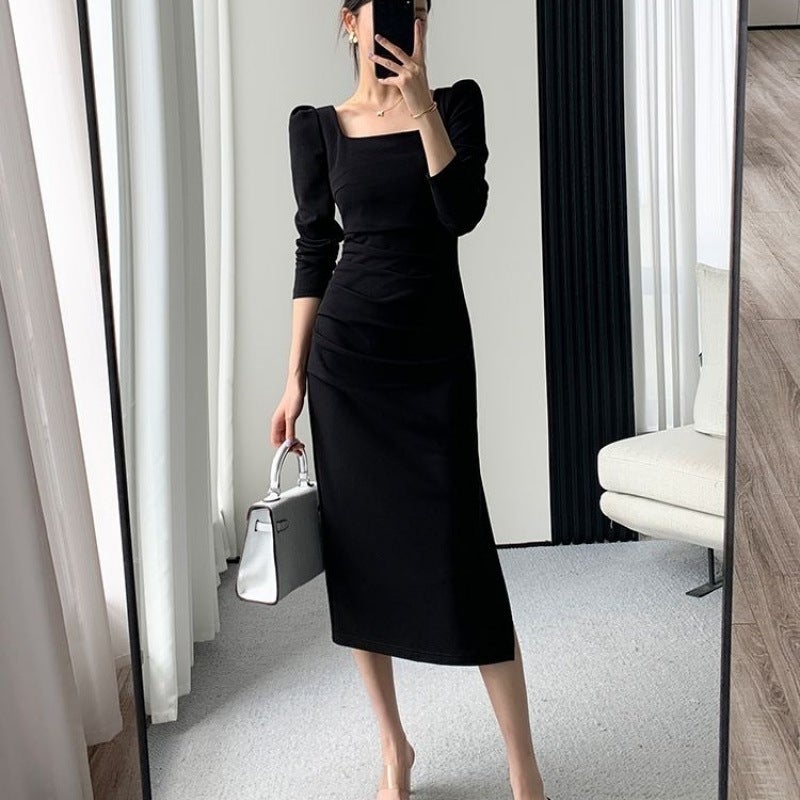 French Slim Fit Belly Covering dress 2024 New Spring and Autumn Long Sleeve Elegant Slimming Hepburn Style Square Collar Dress Black 