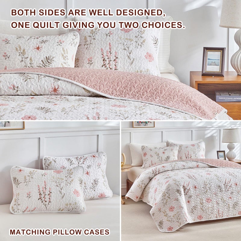 Joyreap 2 Pieces Cotton Quilt Set for Girls, Twin Size Pink Floral Design, Cozy Lightweight Quilt Bedspread Bed Cover for All Season, 1 Quilt and 1 Pillow Sham- 68x86 inches - Image 4
