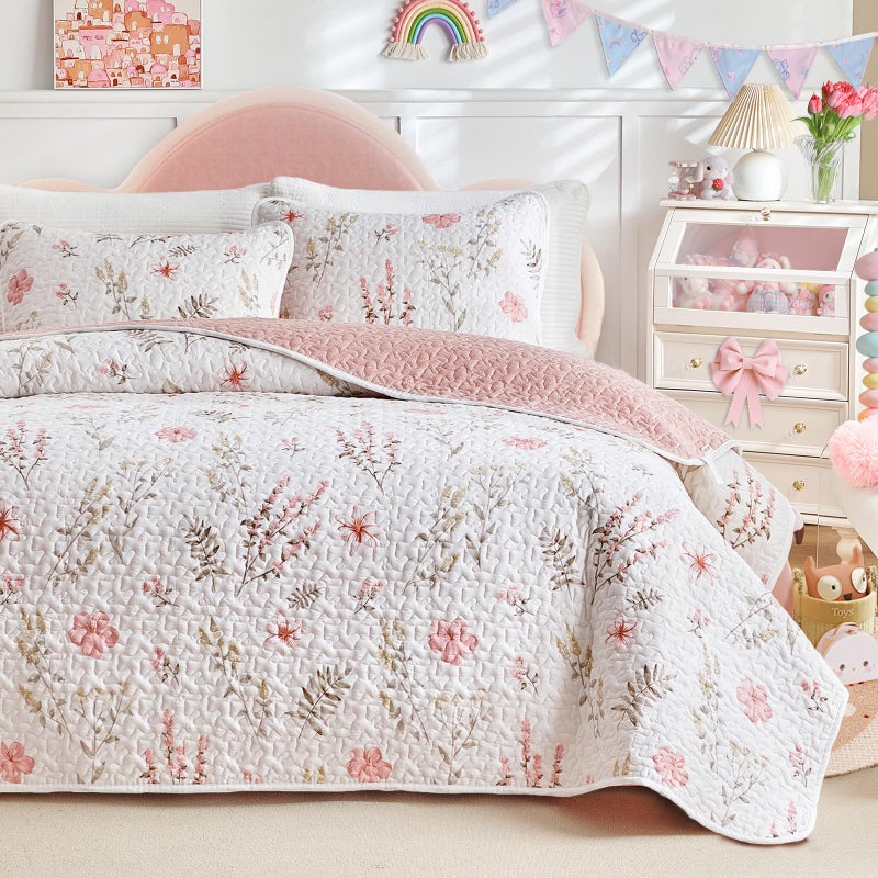 Joyreap 2 Pieces Cotton Quilt Set for Girls, Twin Size Pink Floral Design, Cozy Lightweight Quilt Bedspread Bed Cover for All Season, 1 Quilt and 1 Pillow Sham- 68x86 inches - Image 1