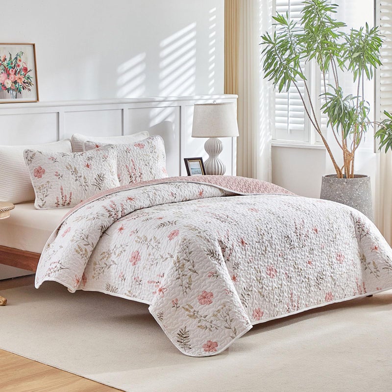 Joyreap 2 Pieces Cotton Quilt Set for Girls, Twin Size Pink Floral Design, Cozy Lightweight Quilt Bedspread Bed Cover for All Season, 1 Quilt and 1 Pillow Sham- 68x86 inches - Image 3