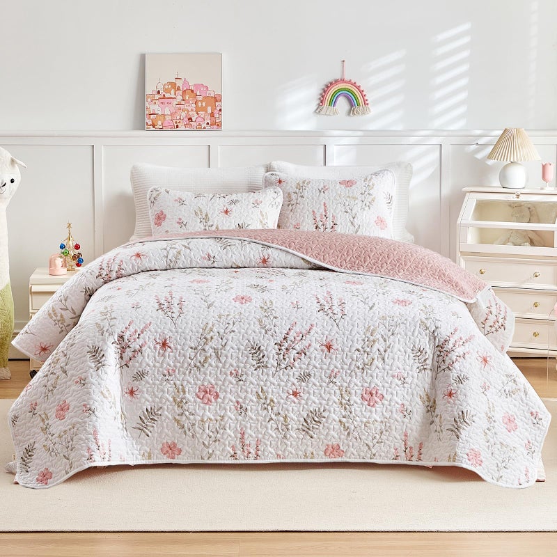 Joyreap 2 Pieces Cotton Quilt Set for Girls, Twin Size Pink Floral Design, Cozy Lightweight Quilt Bedspread Bed Cover for All Season, 1 Quilt and 1 Pillow Sham- 68x86 inches - Image 2