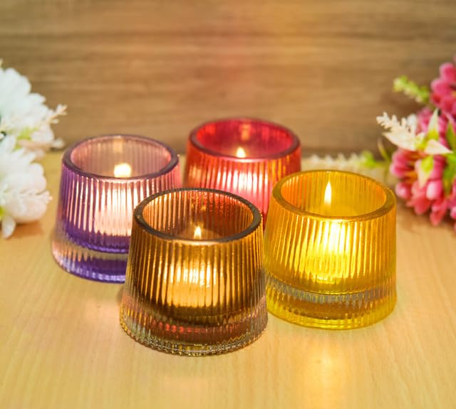 OGGN Glass Ribbed Tealight Holder SetTLight Holder for Diwali Decoration Items Multi Pack of 4 - Image 3