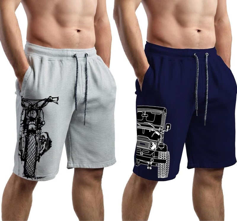 hotfits Men's Casual Cotton All Season Soft Feel Fabric Printed Regular Shorts,Workout Shorts, Elastic Waist Running Shorts with 2 Side Pockets - Pack of 2 - M - Image 1