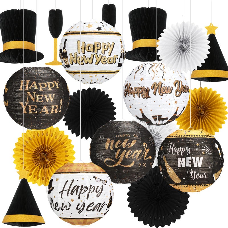 Raiten 18 Pcs 2025 Happy New Years Eve Party Decorations Kit New Year Hanging Paper Lanterns Black Gold White Hanging Paper Fans Top Hat Wine Glass Honeycomb Ball for Party Favor