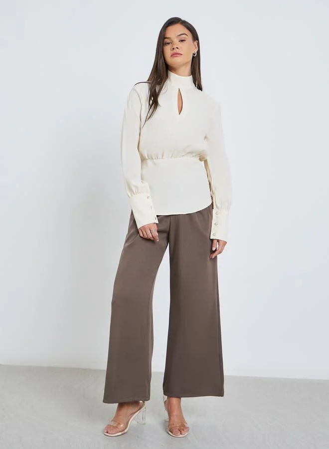 Styli Styli Solid High Keyhole Neck Curved Hem Blouse