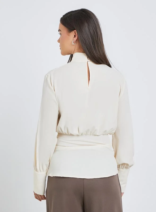Styli Styli Solid High Keyhole Neck Curved Hem Blouse