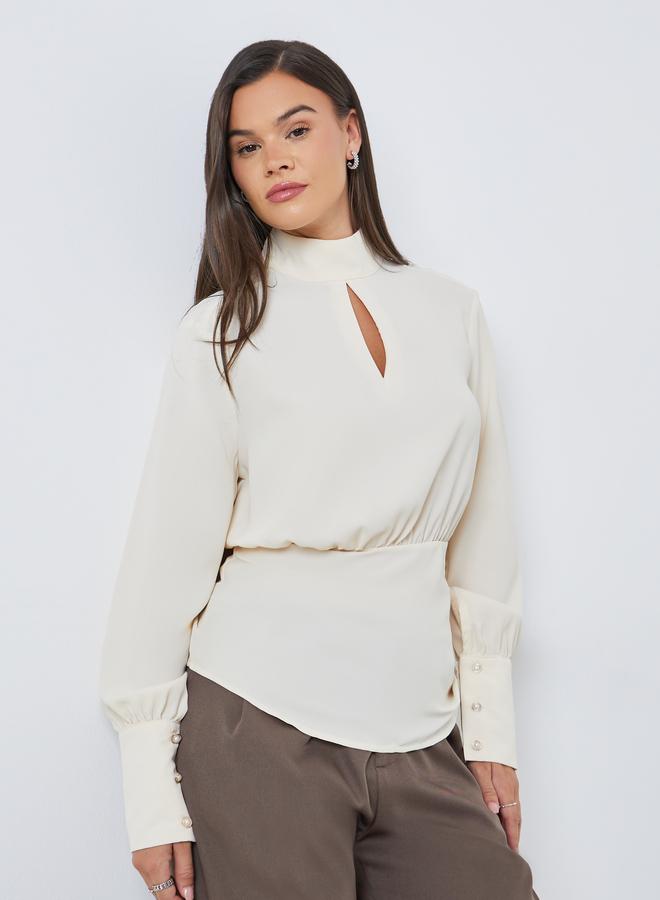 Styli Solid High Keyhole Neck Curved Hem Blouse - Image 1