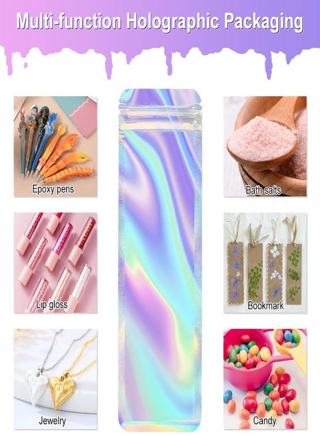 HRX Package 100pcs Holographic Bags Packaging 2.4x7 inch, Resealable Bags Foil Zip Pouch Smell Proof Baggies for Lip Gloss Eyeliner Pens Jewelry Candy - Image 5