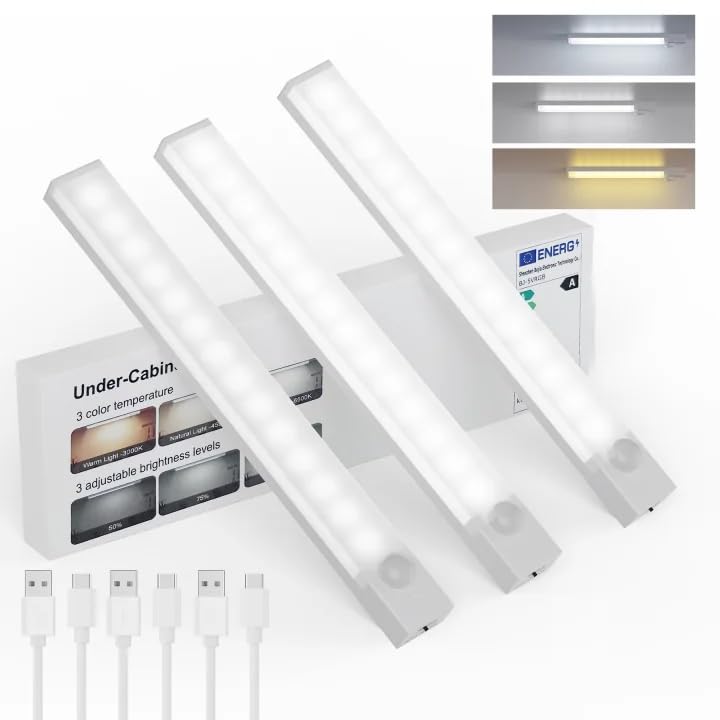 Rihvy Under Cabinet Lighting 8 Inches Rechargeable Motion Sensor Light Indoor 3 Color Dimmable Closet Light Battery Operated USB Stick on LED Magnetic Under Counter Lights for Kitchen Stair 3 Packs - Image 1