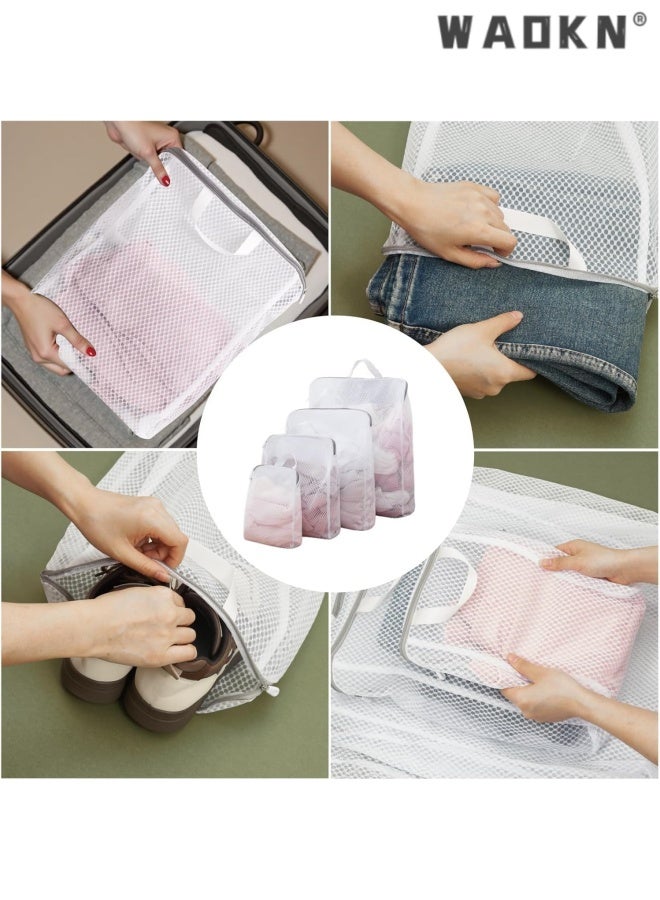 دبليو أيه أو كي أن 4 حزمة حقائب غسيل الشبكة ثلاثية الأبعاد مع مقبضات معلقة (S / M / L / XL) ، حقائب غسيل سحاب متينة للمواد الحساسة ، الأحذية والملابس السائبة ، تصميم قابل للطي توفير المساحة ، مكافحة التشوه ، 20 * 30 * 8 سم + 30 * 40 * 8 سم + 40 * 50 * 10 سم + 50 * 60 * 10 سم ، أبيض. - Image 2