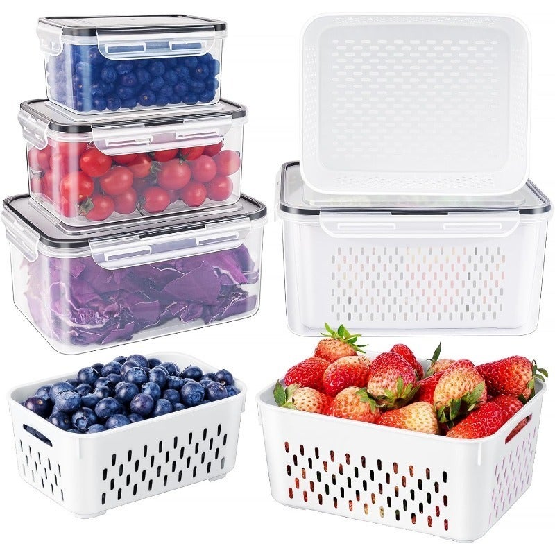 6pcs/set Large Capacity Fruit Storage Containers for Fridge with Removable Colander, Airtight Food Storage Container, Dishwasher Safe Produce Saver for Refrigerator, Keep Berry Fruit Fresh Longer 3 Boxes+3 Drain Baskets - Image 3