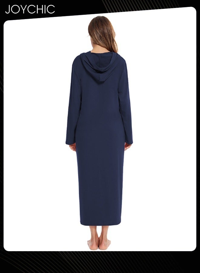 Joychic كارديغان بسحاب بنمط صلب للنساء - بيجاما مريحة للمنزل لفصلي الربيع والخريف والشتاء مع جيوب وقبعة باللون الأزرق الداكن - Image 4