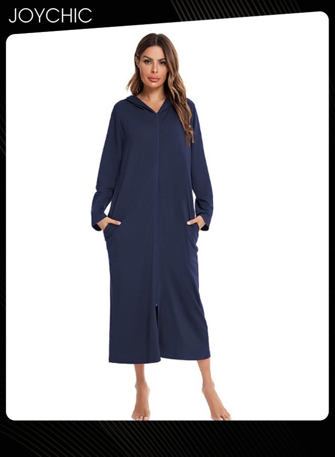 Joychic كارديغان بسحاب بنمط صلب للنساء - بيجاما مريحة للمنزل لفصلي الربيع والخريف والشتاء مع جيوب وقبعة باللون الأزرق الداكن - Image 1