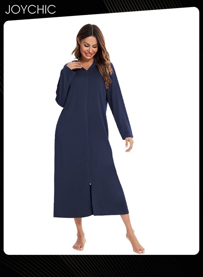 Joychic كارديغان بسحاب بنمط صلب للنساء - بيجاما مريحة للمنزل لفصلي الربيع والخريف والشتاء مع جيوب وقبعة باللون الأزرق الداكن - Image 2