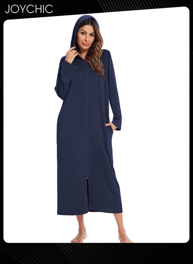 Joychic كارديغان بسحاب بنمط صلب للنساء - بيجاما مريحة للمنزل لفصلي الربيع والخريف والشتاء مع جيوب وقبعة باللون الأزرق الداكن - Image 3