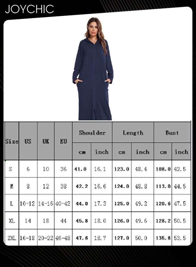 Joychic كارديغان بسحاب بنمط صلب للنساء - بيجاما مريحة للمنزل لفصلي الربيع والخريف والشتاء مع جيوب وقبعة باللون الأزرق الداكن - Image 5