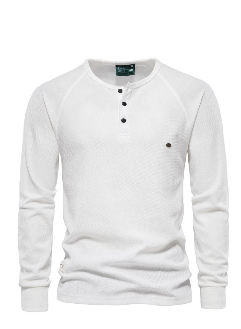 Loquat Autumn/Winter Henry Neck Long Sleeve Waffle Solid Color Men's T-shirt 