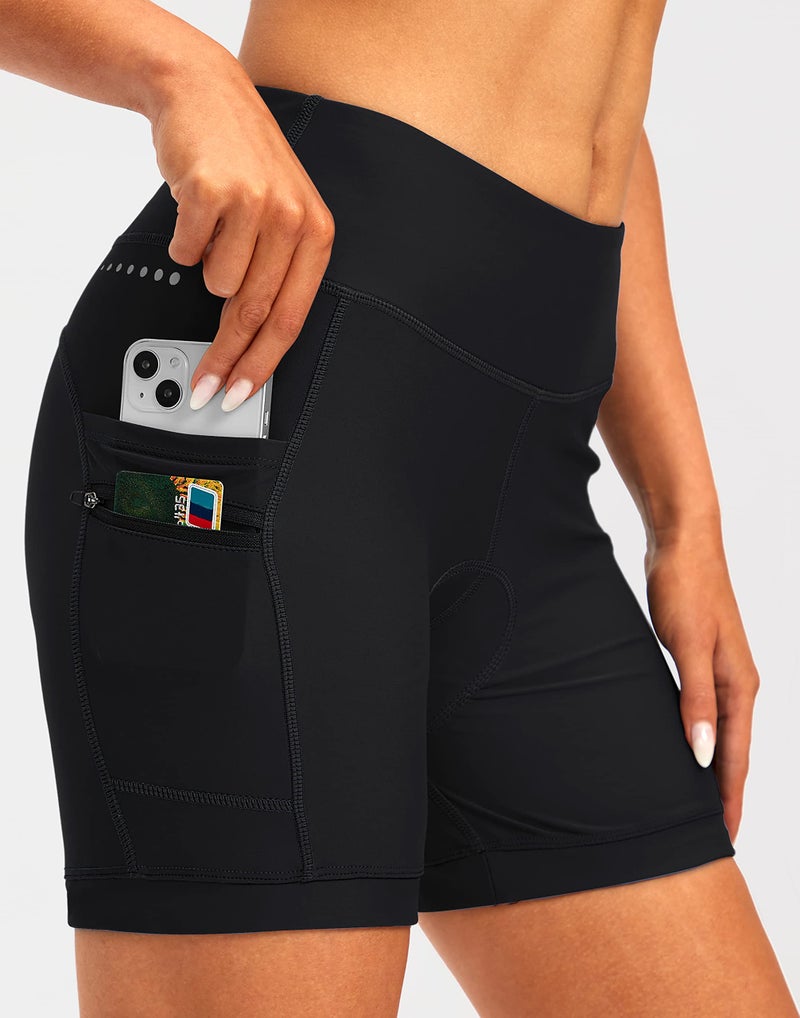 Bikewa شورتات دراجة نسائية مبطنة 4D مع جيوب بسحاب (أسود، XS) - Image 2