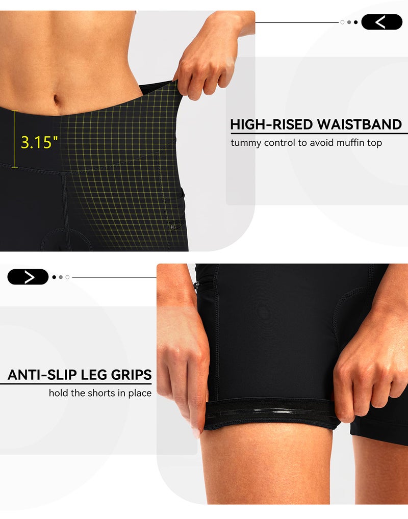 Bikewa شورتات دراجة نسائية مبطنة 4D مع جيوب بسحاب (أسود، XS) - Image 3