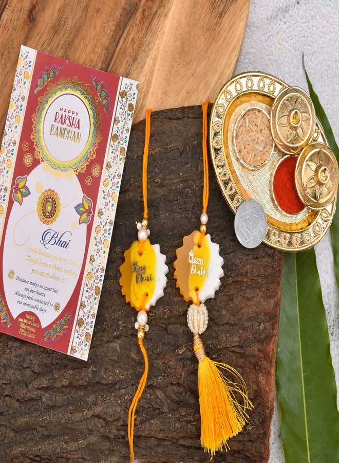Pride Store Pack of Yellow Resin Couple Rakhis | King Bhai Queen Bhabhi Resin Rakhi | Thali for Roli and Rice | Best Wishes Greeting Card | Couples Rakhi with Thali | Rakhi for Bhai and Bhabhi (2 Yellow Couple Rakhi, Thali, Card) - Image 2