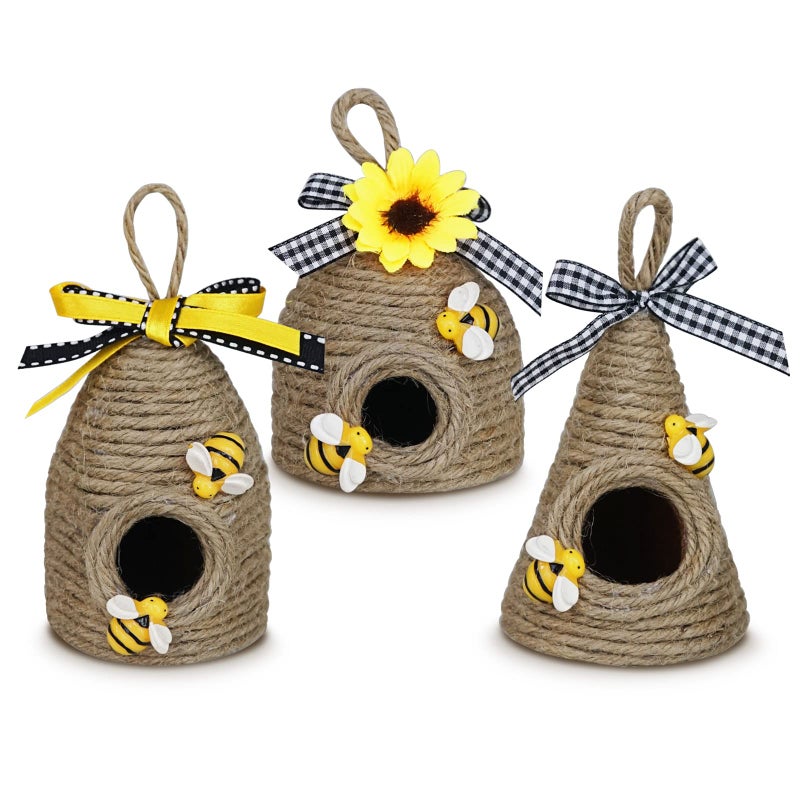 CRCZK Bee Hive Decor 3 Pack Bumble Bee Rustic Decor Hive Natural Bee House Bumble Bee Theme Party Decor Spring Summer Rustic Farmhouse Kitchecn Table Tiered Tray Decor - Image 1