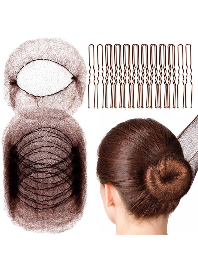 HY Hair Accessories Set: 20PCS Mesh Hair Nets Invisible and 50PCS U Shaped Hair Pins for Women, Girls, Ballet Bun Maker & Dance (Hair Nets- 20 inch(50cm), Hair Pins- 2.4 inch(6cm)), Brown - Image 1