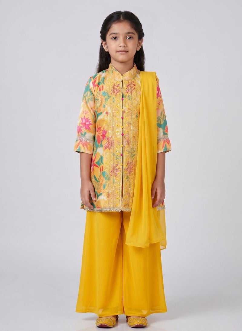 babyqlo Girls Yellow Printed Jacket Palazzo Set - Image 1