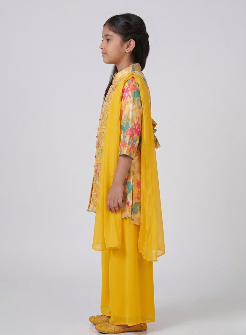 babyqlo Girls Yellow Printed Jacket Palazzo Set - Image 3