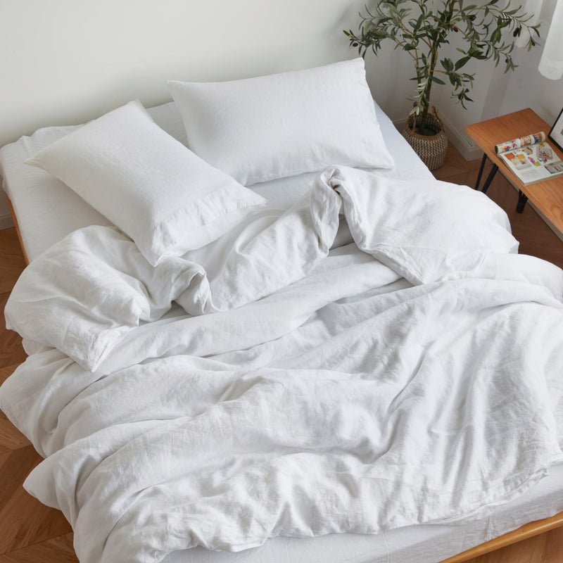 Sijo Stone Washed Organic French Linen Bed Sheet Set GOTS Certified Organic Best Cooling Linen Sheet Award by Sleep Foundation 3 Piece  2 Pillowcases and 1 Fitted Sheet Snow Cal King