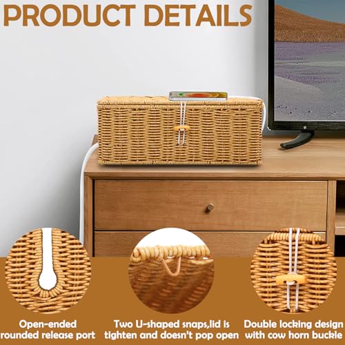 KANYO-AUTO 2PCS Cable Management Box, Handmade Rattan Cable Organizer, Open Slots Cords Hider Box Cord Basket Under Desk Cord Organizer for Computer Router USB Hub & Power Strip - Image 4