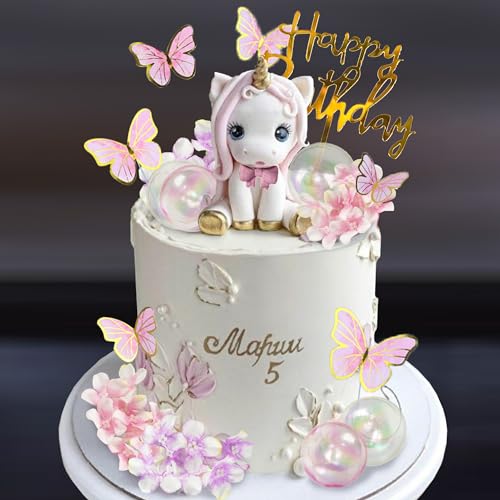 DRWATE Unicorn Cake Topper Unicorn Cake Decorations with Artificial Flower Ball Butterfly Happy Birthday Cake Decorations for Girls Women Birthday Party Baby Shower Supplies Flower - Image 1
