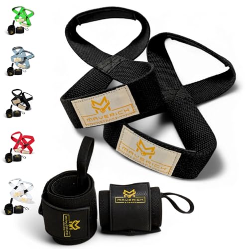 MAVERICK STRAPS Premium Heavy Duty Wrist Wraps and Figure 8 Lifting Straps Combo -21" Wrist Straps for Weightlifting|Gym Accessories For Men & Women|Black Padded Figure 8 Weightlifting Gym Straps Deadlfit Straps (Black)|Offers Improved Grip and Wrist Support - Image 1
