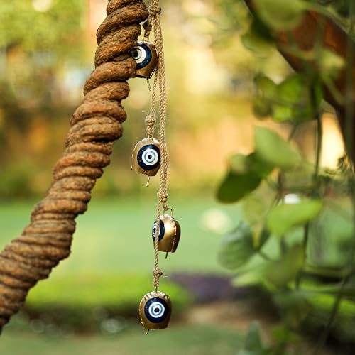 DULI Handcrafted Metal Wall Hanging Latkan with Colorful Bells | Decorative Door Side Hanging | Gold Painted with Rustic Finish | Soothing Sound for Home & Balcony Décor (MetlLatkan- Evileye) - Image 1