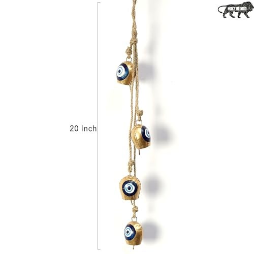 DULI Handcrafted Metal Wall Hanging Latkan with Colorful Bells | Decorative Door Side Hanging | Gold Painted with Rustic Finish | Soothing Sound for Home & Balcony Décor (MetlLatkan- Evileye) - Image 3